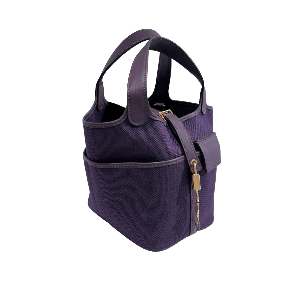 Used HERMES Canvas Leather Cargo Picotin 18 Bucket Bag Purple GHW