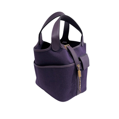 Used HERMES Canvas Leather Cargo Picotin 18 Bucket Bag Purple GHW