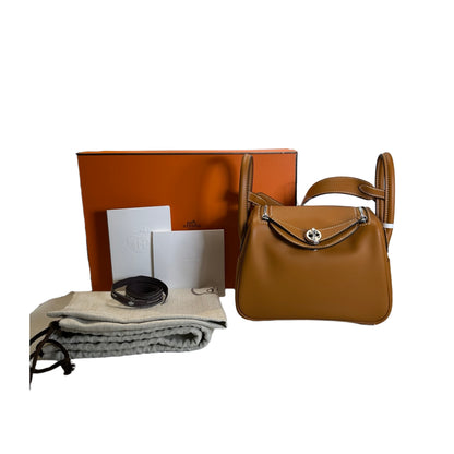 Brand New HERMES Swift Mini Lindy Shoulder Bag Toffee PHW