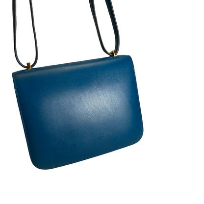 Used HERMES Epsom Leather Constance Shoulder Bag Blue Gold Hardware