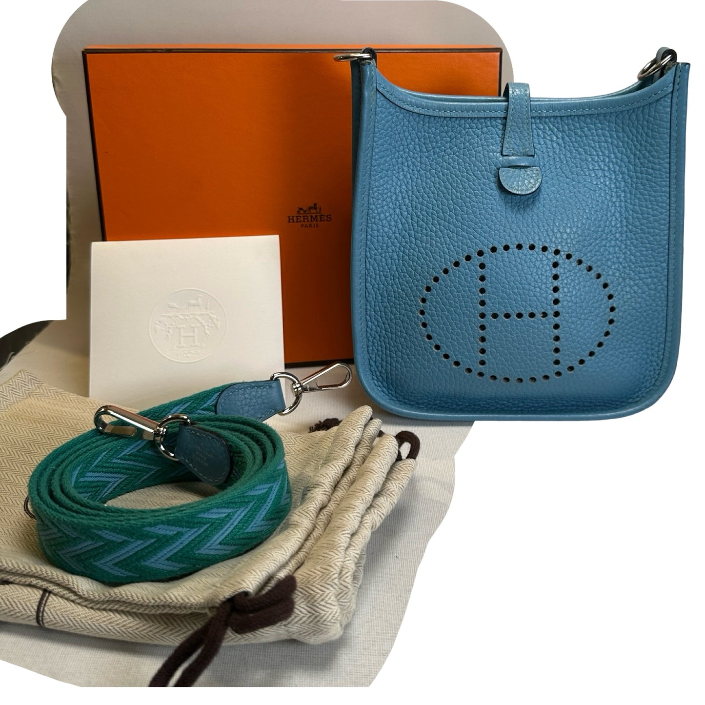 Used HERMES Clemence Mini Evelyne Cross body bag Blue，PHW