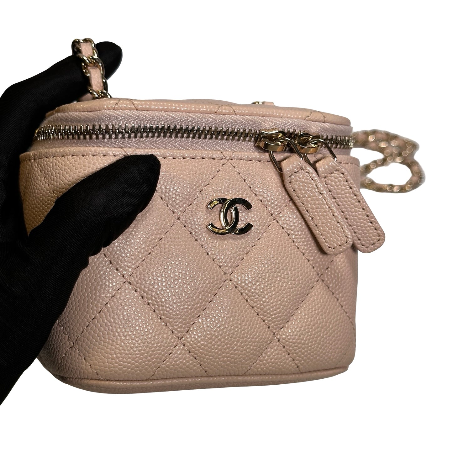 Used CHANEL Caviar Quilted Mini Vanity with Classic Chain Vanity case Beige Light Pink