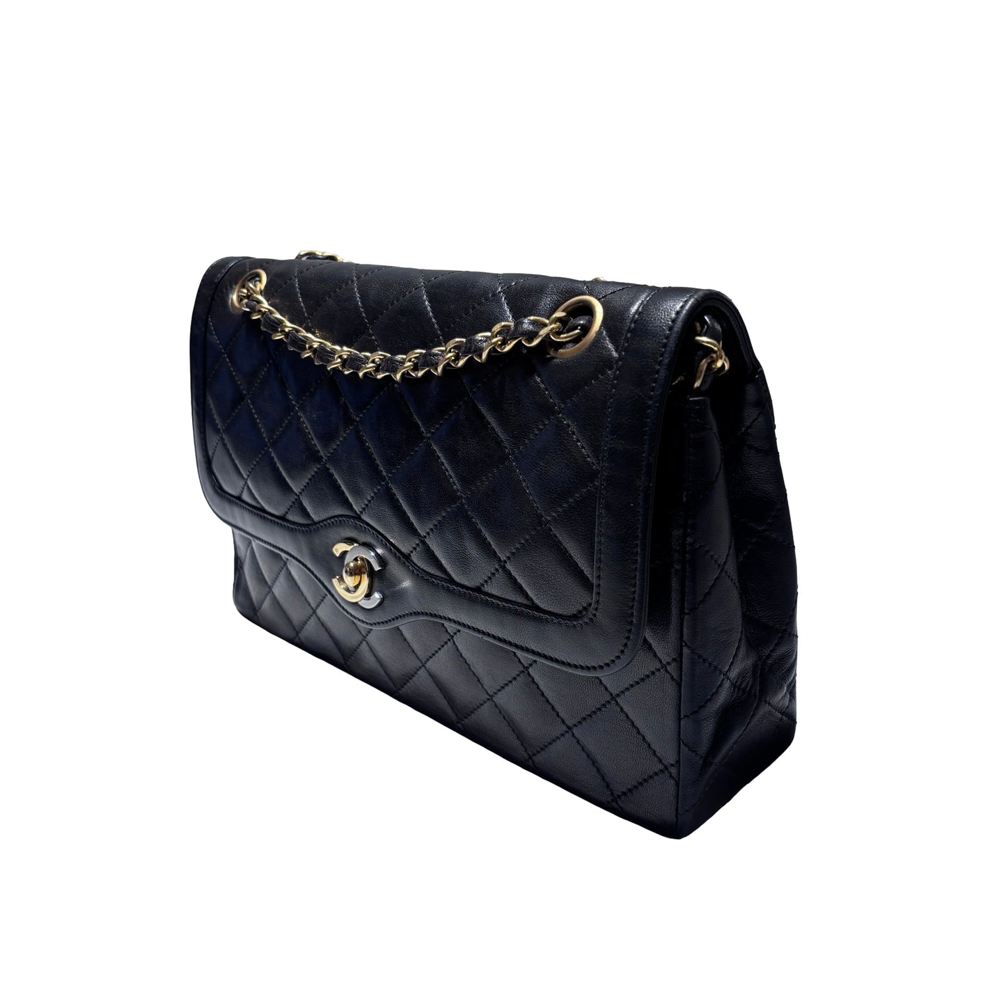 Used CHANEL Lambskin Leather Vintage Paris Double Flap Medium Chain Shoulder Bag Black GHW