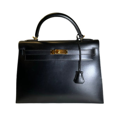 Used HERMES Box Calf Kelly 32 Handbag Black Gold