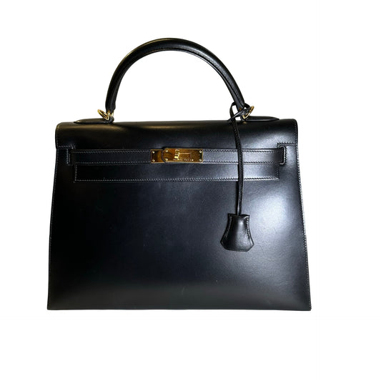 Used HERMES Box Calf Kelly 32 Handbag Black Gold