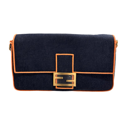 Used FENDI Denim BAEEGUETTE LARGE Shoulder Bag Navy Blue Orange