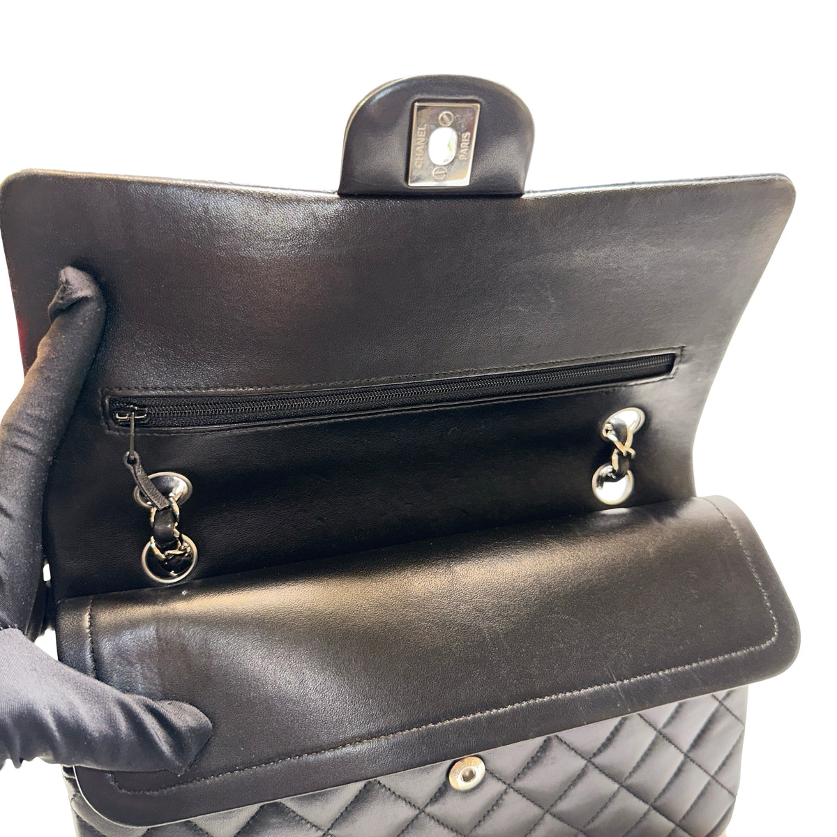 Used CHANEL Quilted Lambskin Classic Flap Chain Shoulder Bag Black Silver hardware