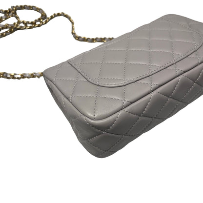 Unused CHANEL Lambskin Leather Mini Flap with Gold Ball Cross Body Bag Grey GHW