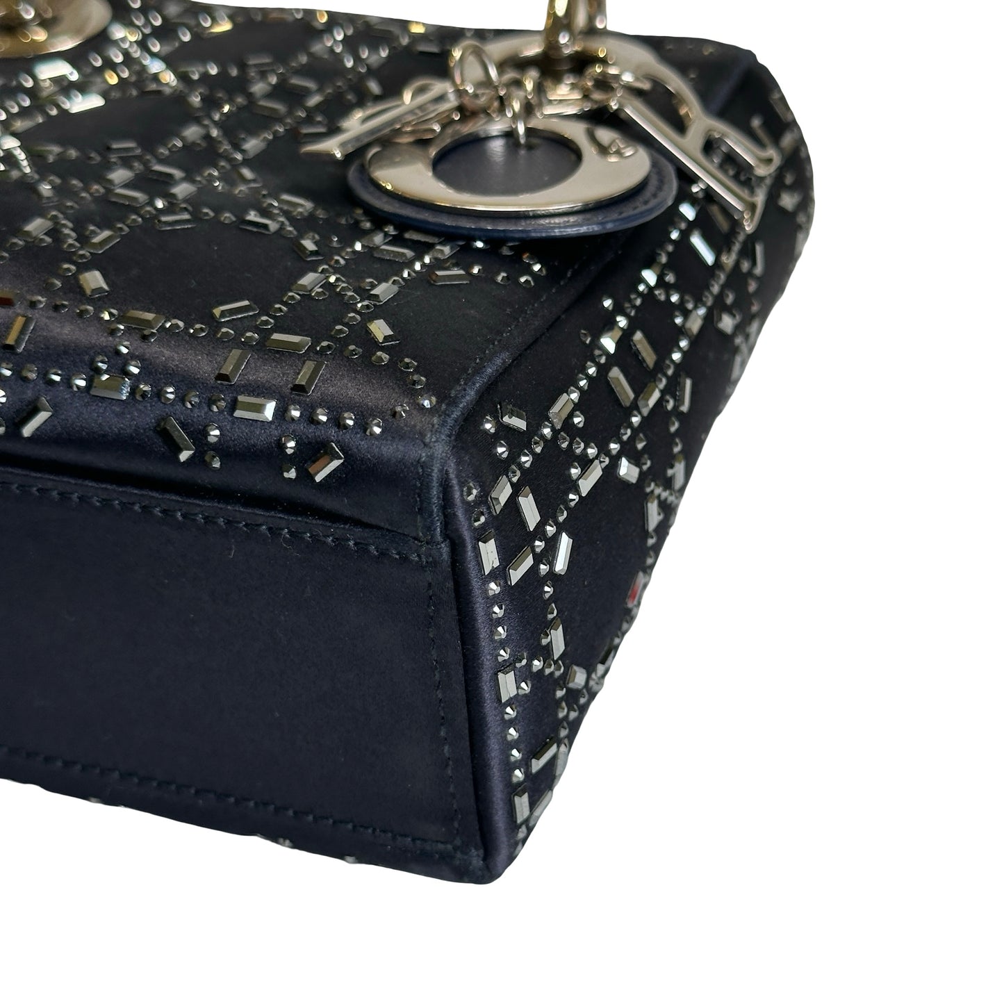 Used DIOR Cannage Rhinestone Lady Dior Handbag Black Silver