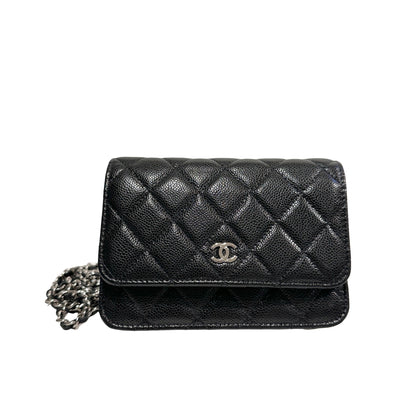 Used CHANEL Calfskin Leather MINI WOC Cross Body Bag Black PHW