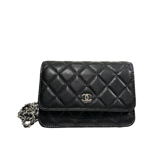 Used CHANEL Calfskin Leather MINI WOC Cross Body Bag Black PHW