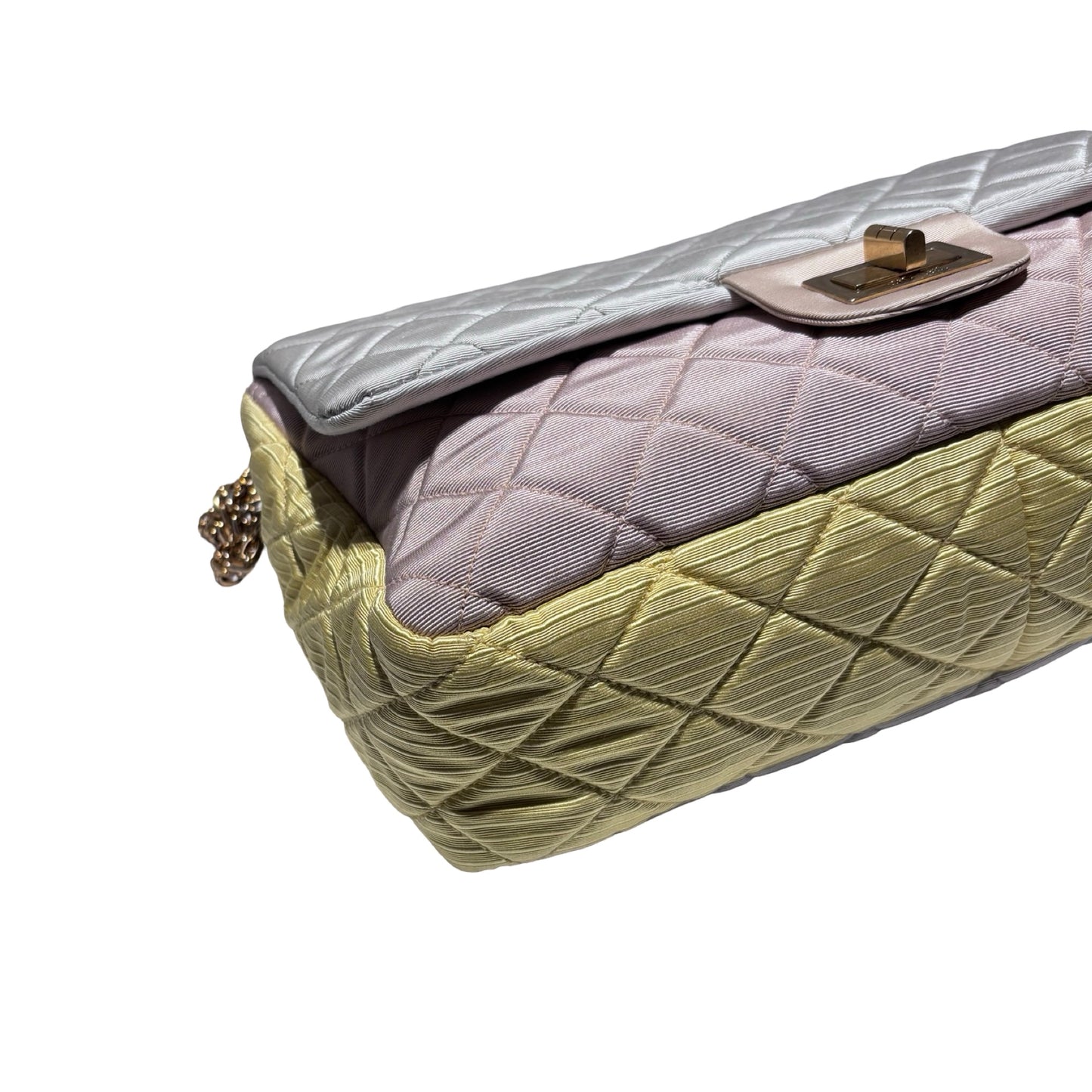 Used CHANEL Satin Reissue 2.55 Chain Shoulder Bag Grey Pink Yellow GHW