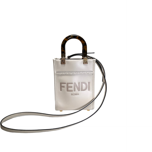 Used FENDI Mini Sunshine Shopper Crossbody Bag White GHW