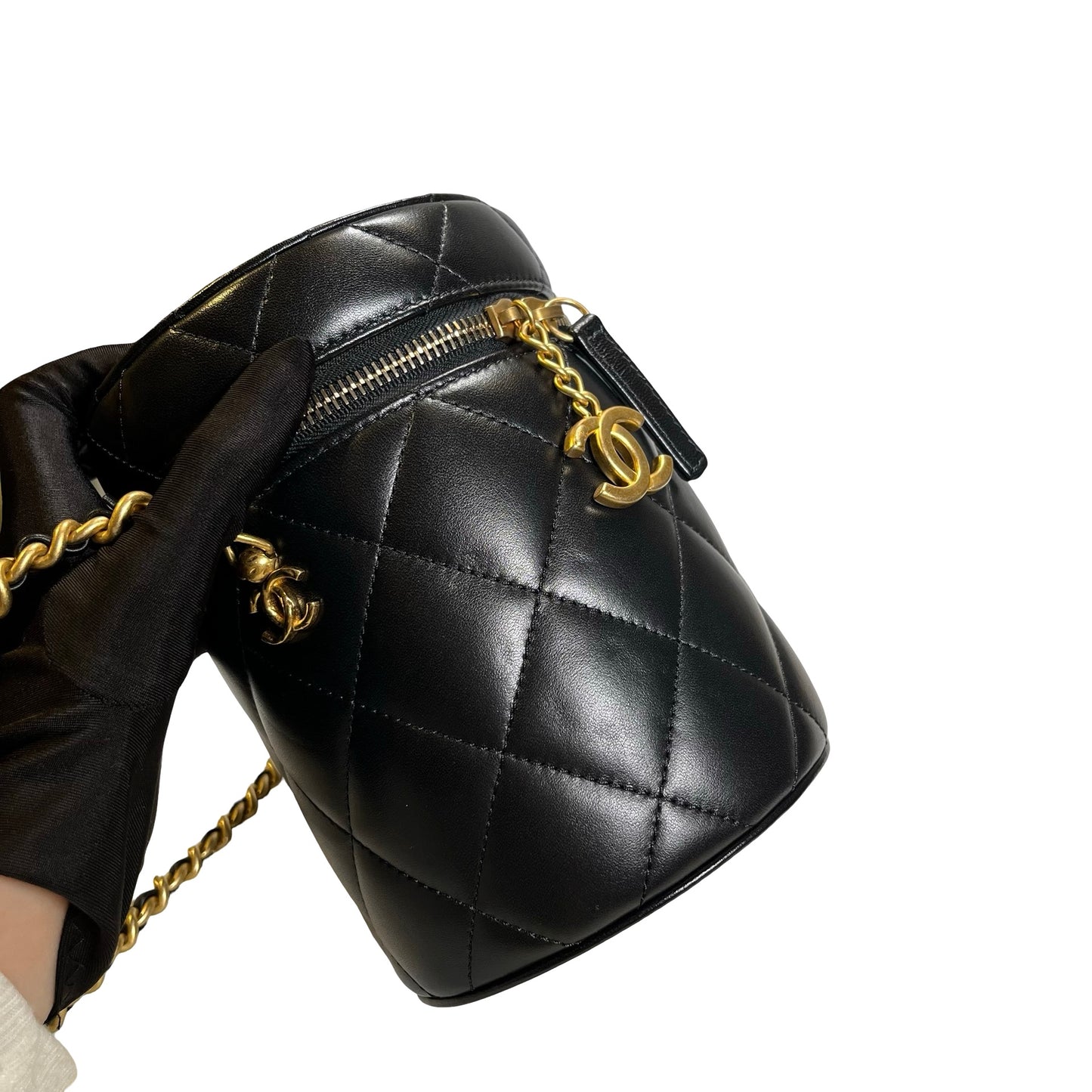 Used CHANEL Diamond Quilted Lambskin Cylindrical Vanity Case with Chain Vanity case Black GHW