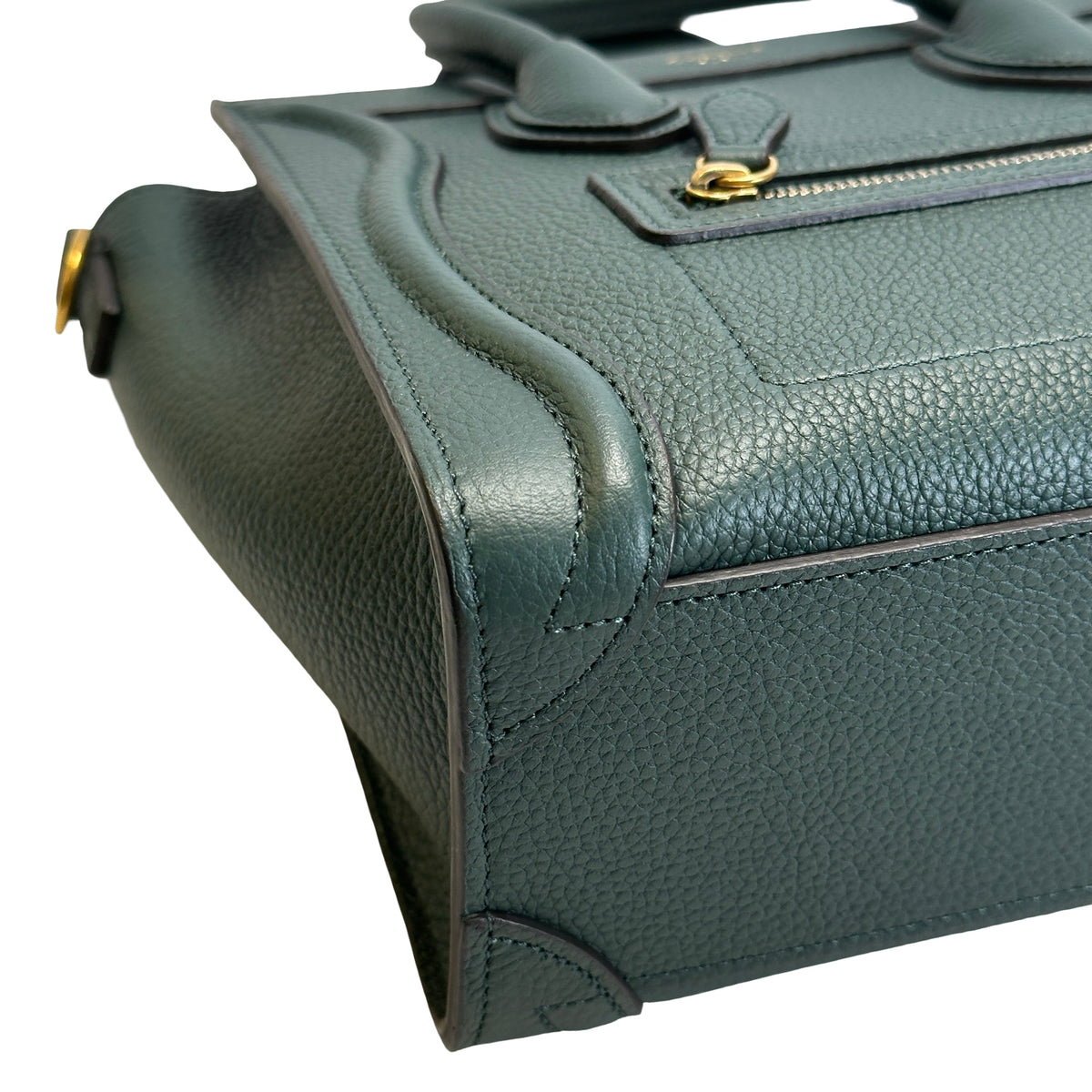 Used CELINE Drummed Calfskin Luggage Nano Handbag Dark Green