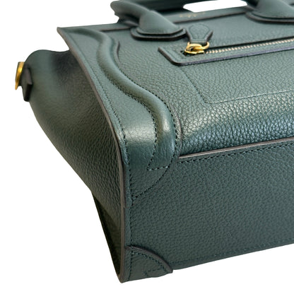Used CELINE Drummed Calfskin Luggage Nano Handbag Dark Green
