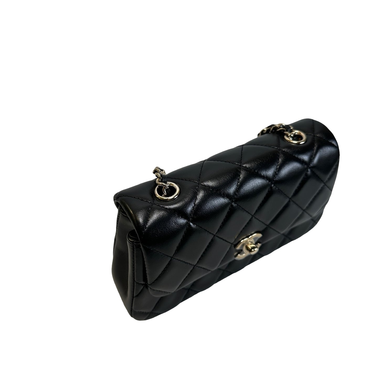 Used CHANEL Quilted Lambskin Mini Rectangular Flap Bag Chain Shoulder Bag Black Gold