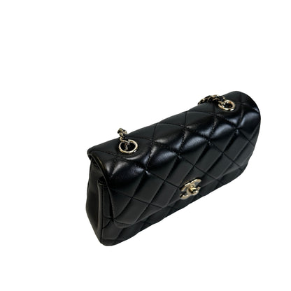 Used CHANEL Quilted Lambskin Mini Rectangular Flap Bag Chain Shoulder Bag Black Gold