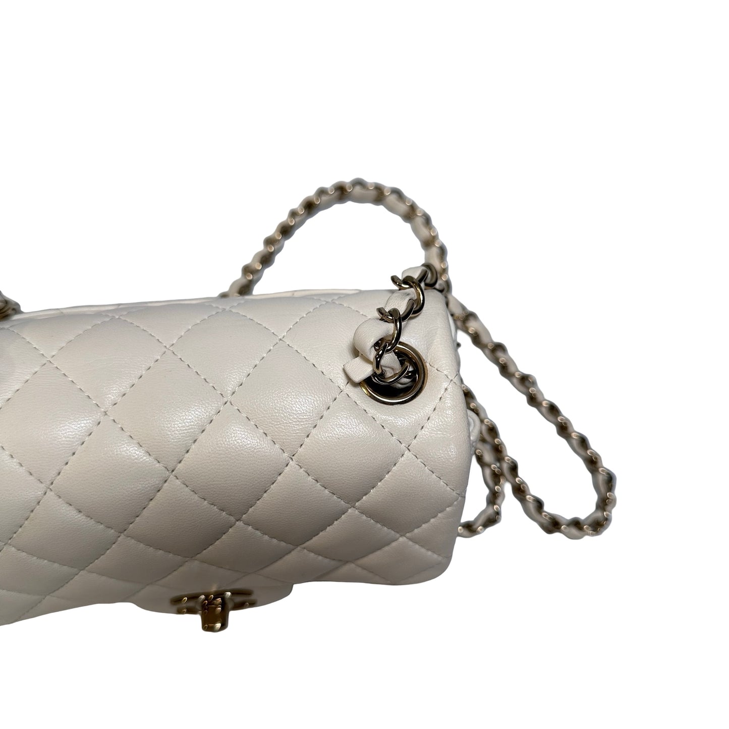 Used CHANEL Quilted Lambskin Classic Mini Rectangular Flap Bag Chain Shoulder Bag White GHW