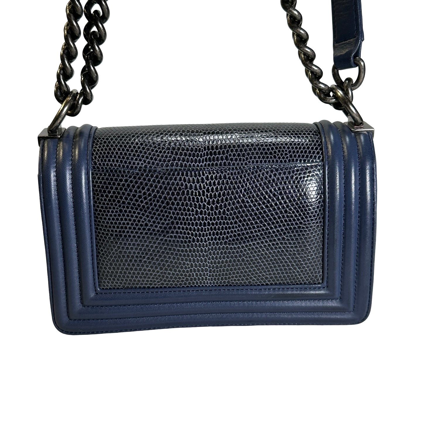 Used CHANEL Lizard Calfskin Boy Bag Shoulder Bag Navy Blue
