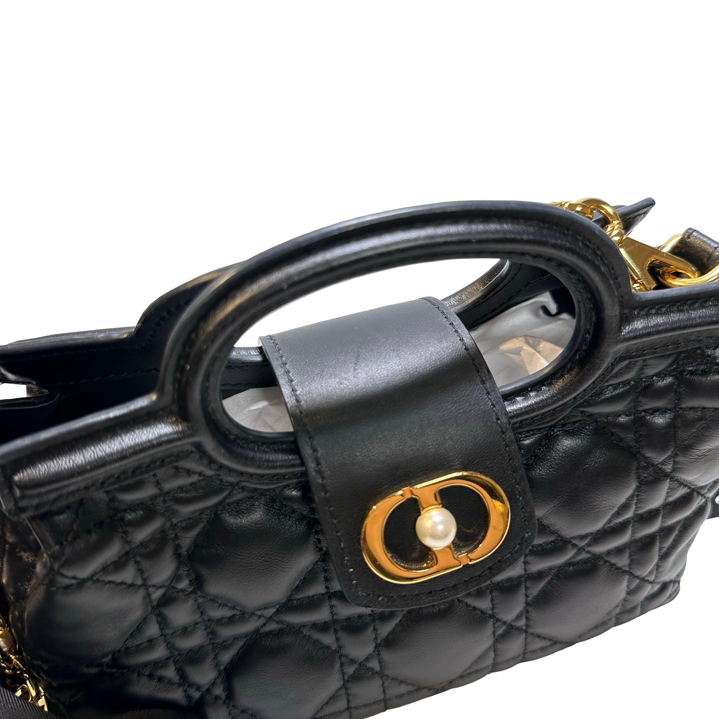 Used Dior Lambskin Leather Jolie Top Handle Cross Body Bag Black GHW