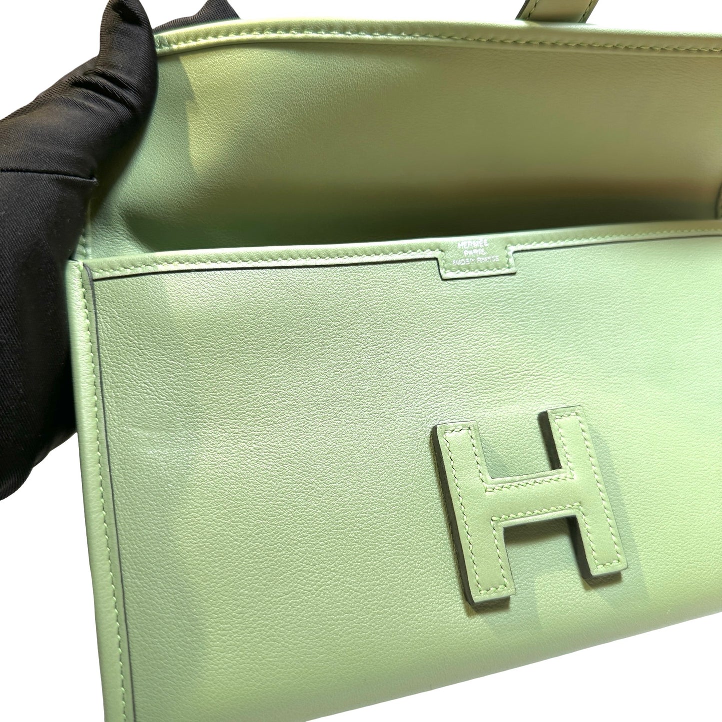 Used HERMES Leather Jige Clutch Green