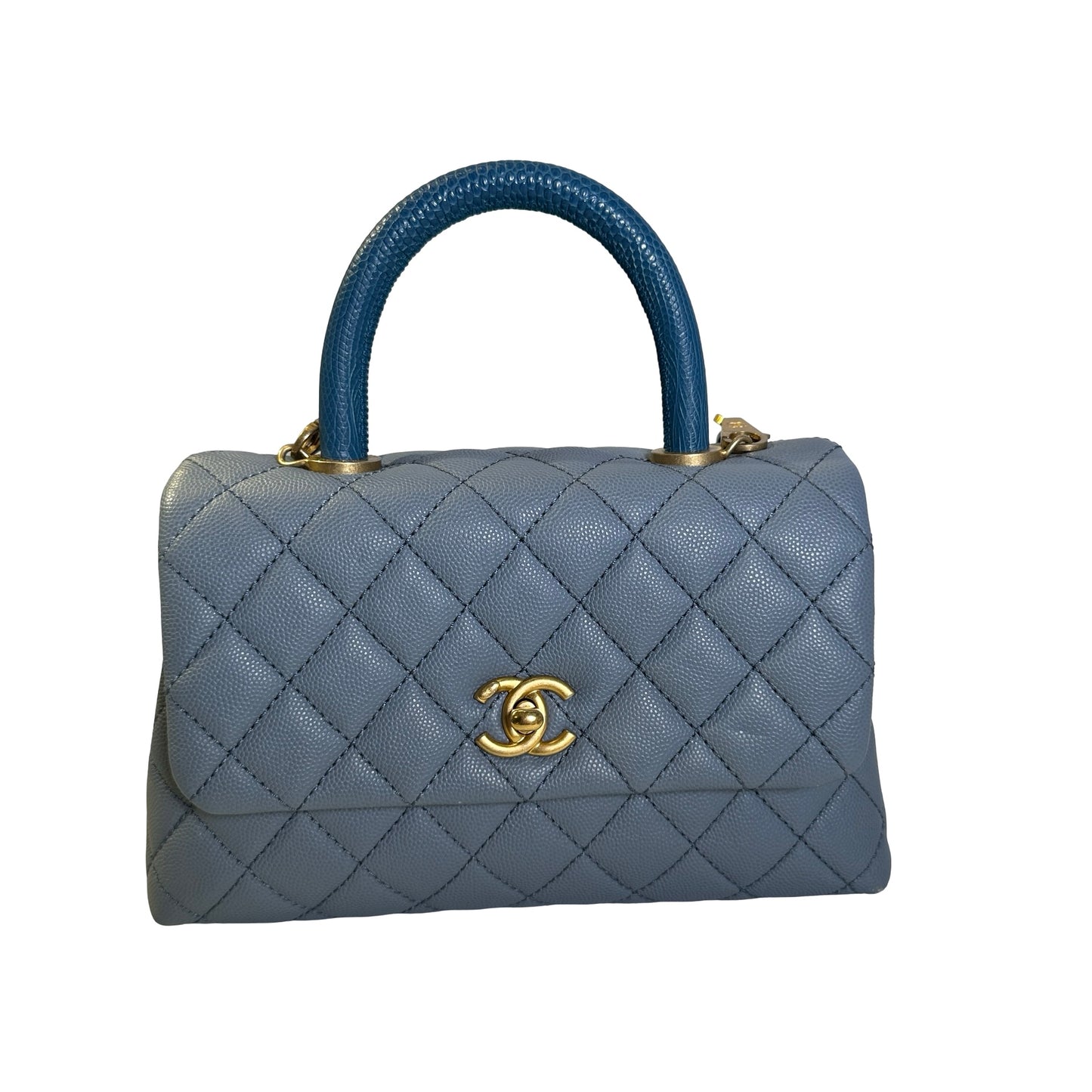 Used CHANEL Quilted Caviar Lizard Coco Handle Handbag Blue