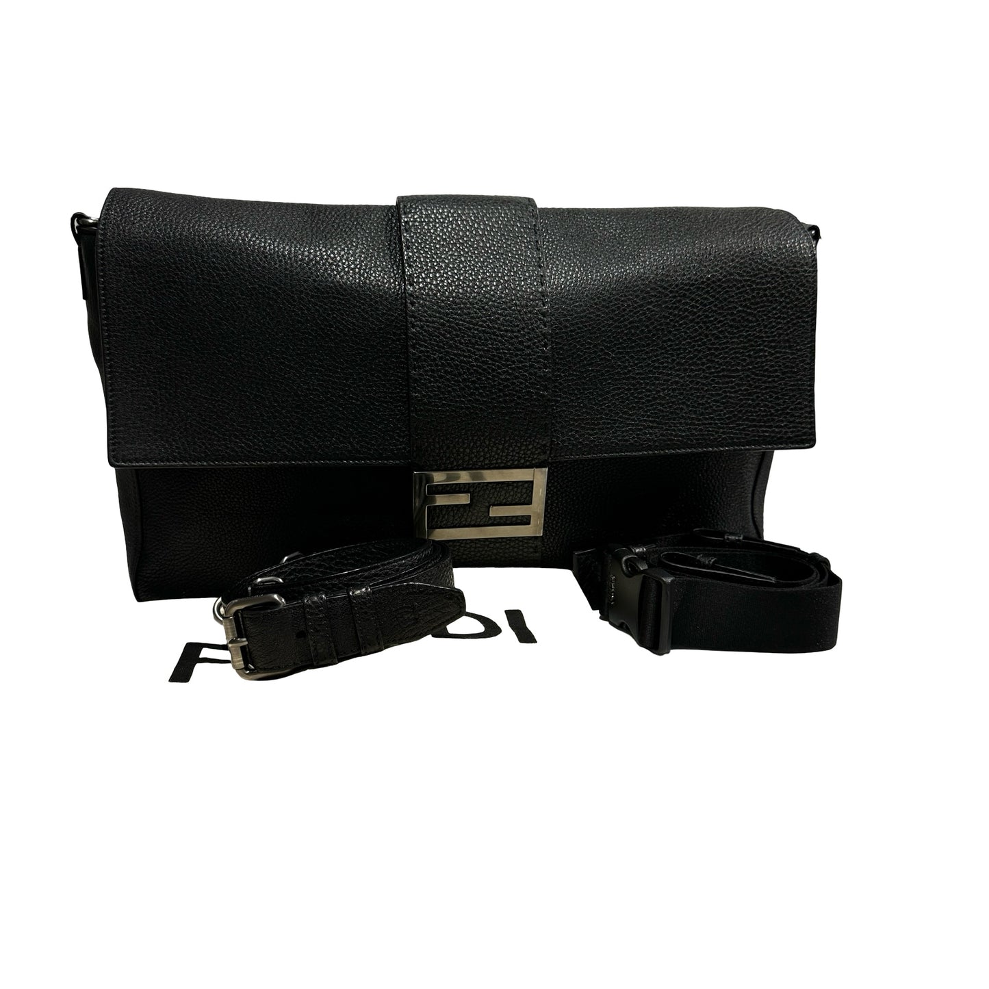 Used FENDI Calfskin Leather Baguette messenger Messenger Bag PHW Black