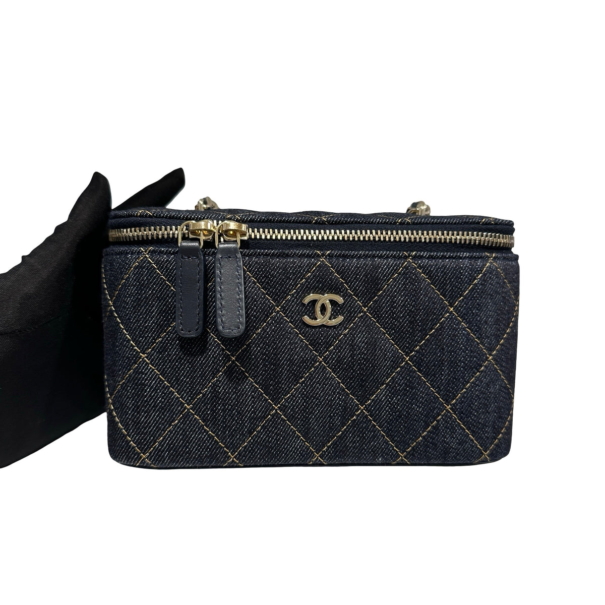 Used CHANEL Quilted Denim Vanity Case Vanity case Navy blue