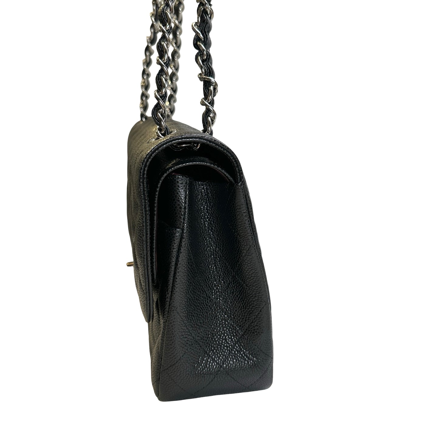 Used CHANEL Quilted Caviar leather Jumbo Single Flap Bag Shoulder Bag Black Silver hardware