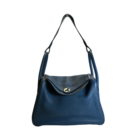 Used HERMES Leather Togo Lindy Handbag Blue PHW