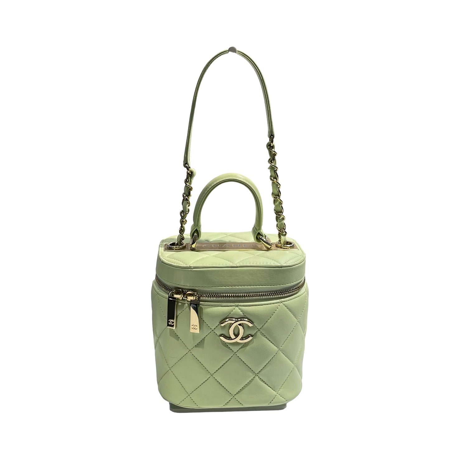 Used CHANEL Vanity Case with Handle Shoulder Bag Green GHW