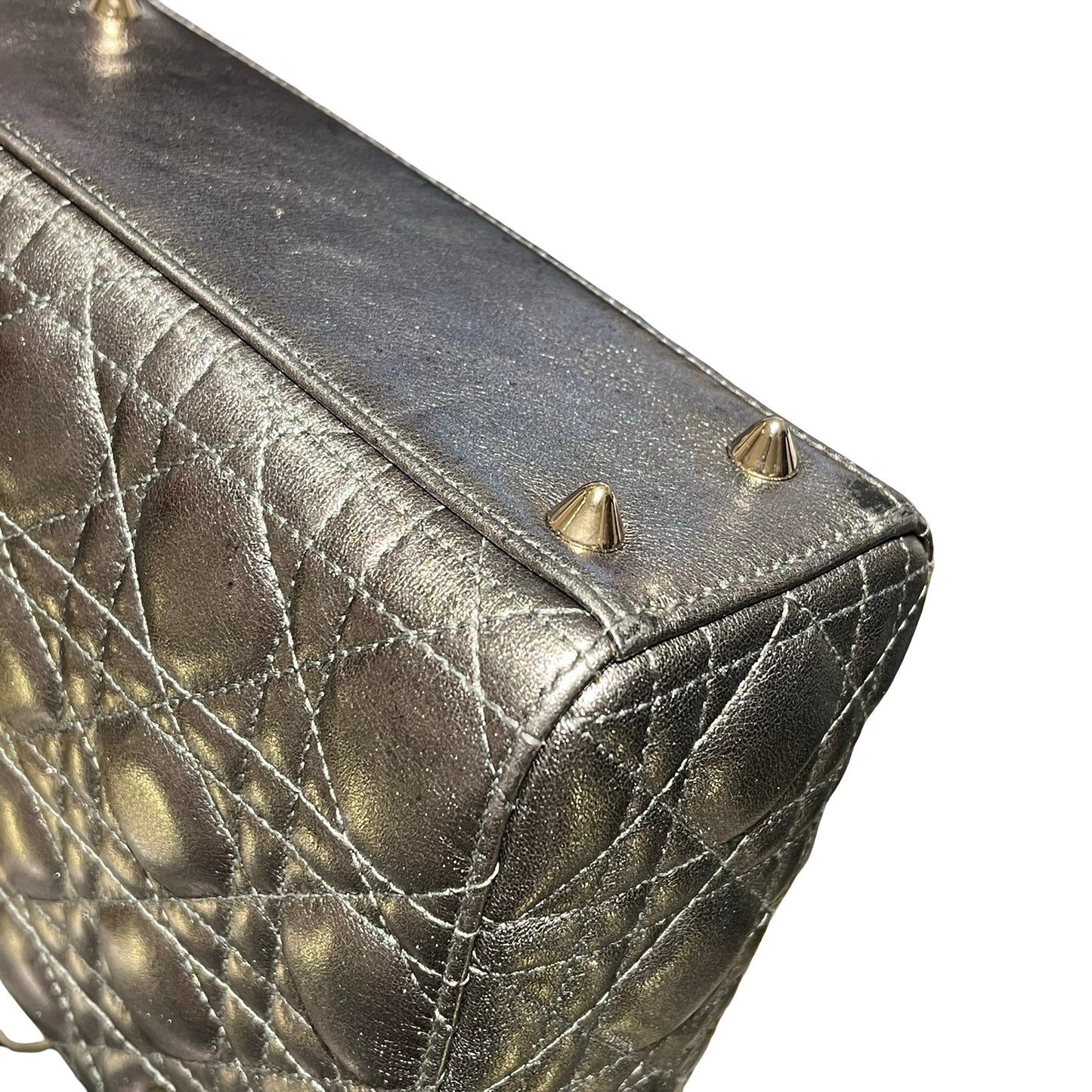 Used Dior Lady Dior Handbag Metallic Silver GHW