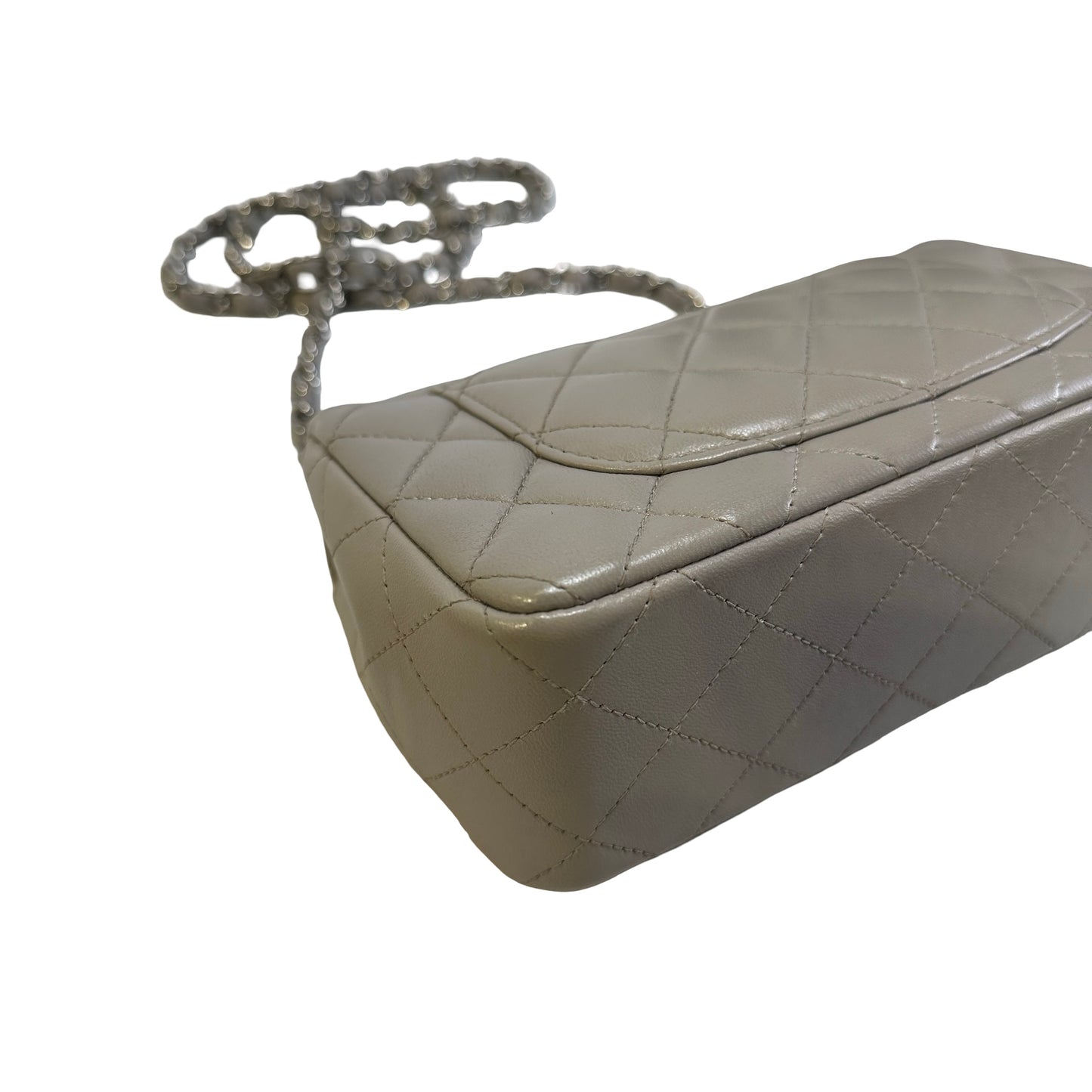 Used CHANEL Quilted Lambskin Mini Rectangular Flap Bag Shoulder Bag Grey Silver Hardware