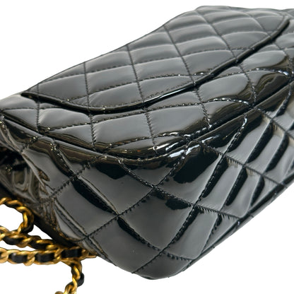 Used CHANEL Quilted Patent Leather Flap Bag Chain Shoulder Bag Black Gold