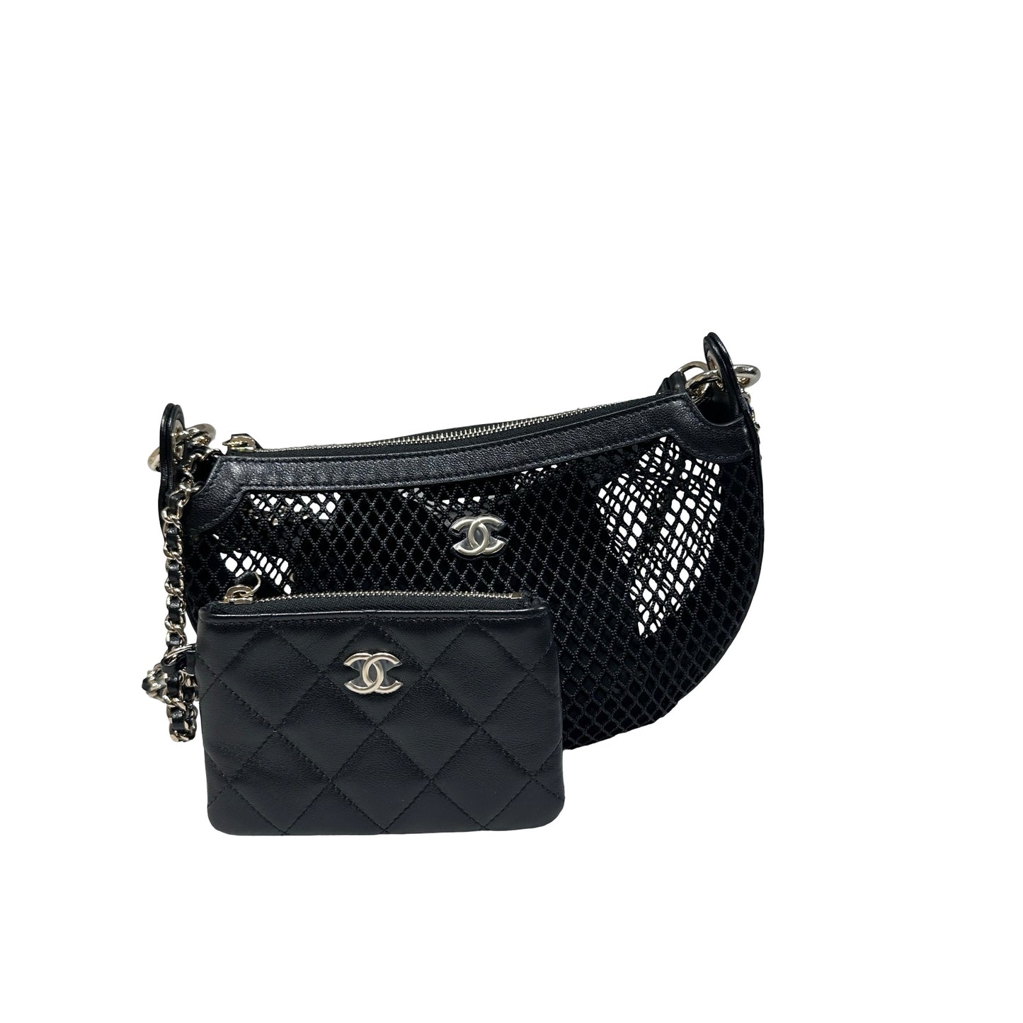 Used CHANEL 25S Half Moon Clutch Mesh Shoulder Bag Black