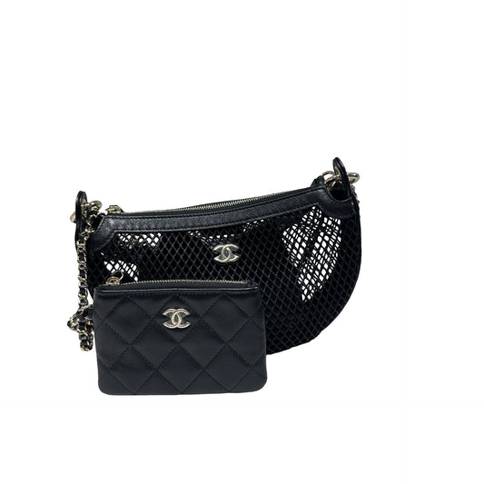 Used CHANEL 25S Half Moon Clutch Mesh Shoulder Bag Black
