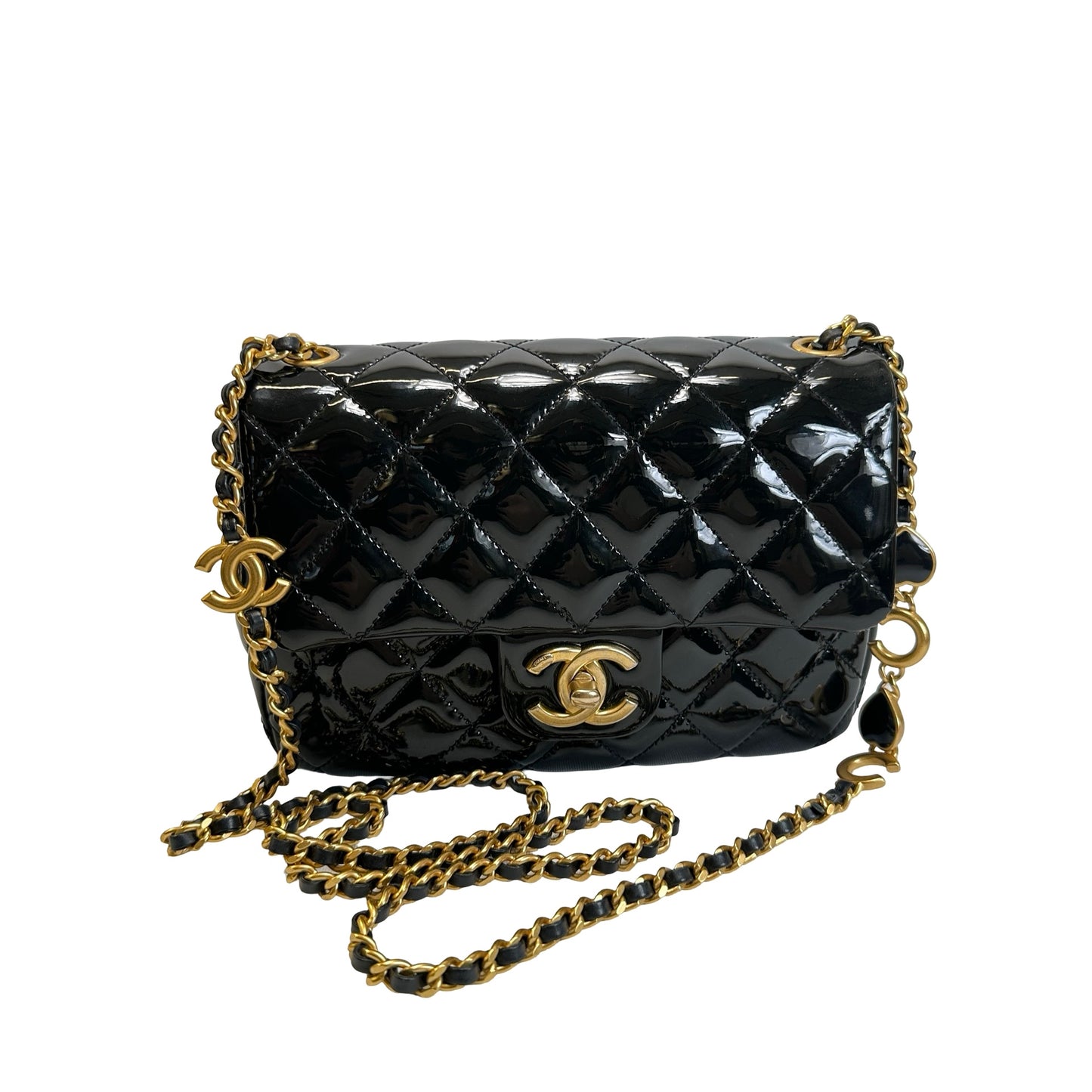 Used CHANEL Quilted Patent Leather Flap Bag Chain Shoulder Bag Black Gold