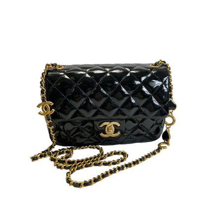 Used CHANEL Quilted Patent Leather Flap Bag Chain Shoulder Bag Black Gold