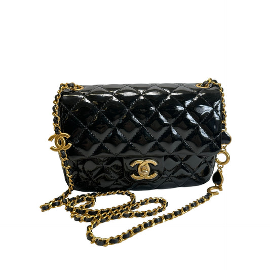 Used CHANEL Quilted Patent Leather Flap Bag Chain Shoulder Bag Black Gold