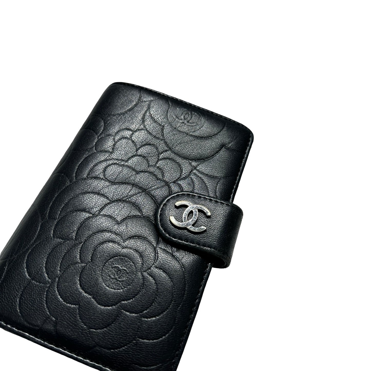 Used CHANEL Camellia Caviar Camellia Wallet Black Silver