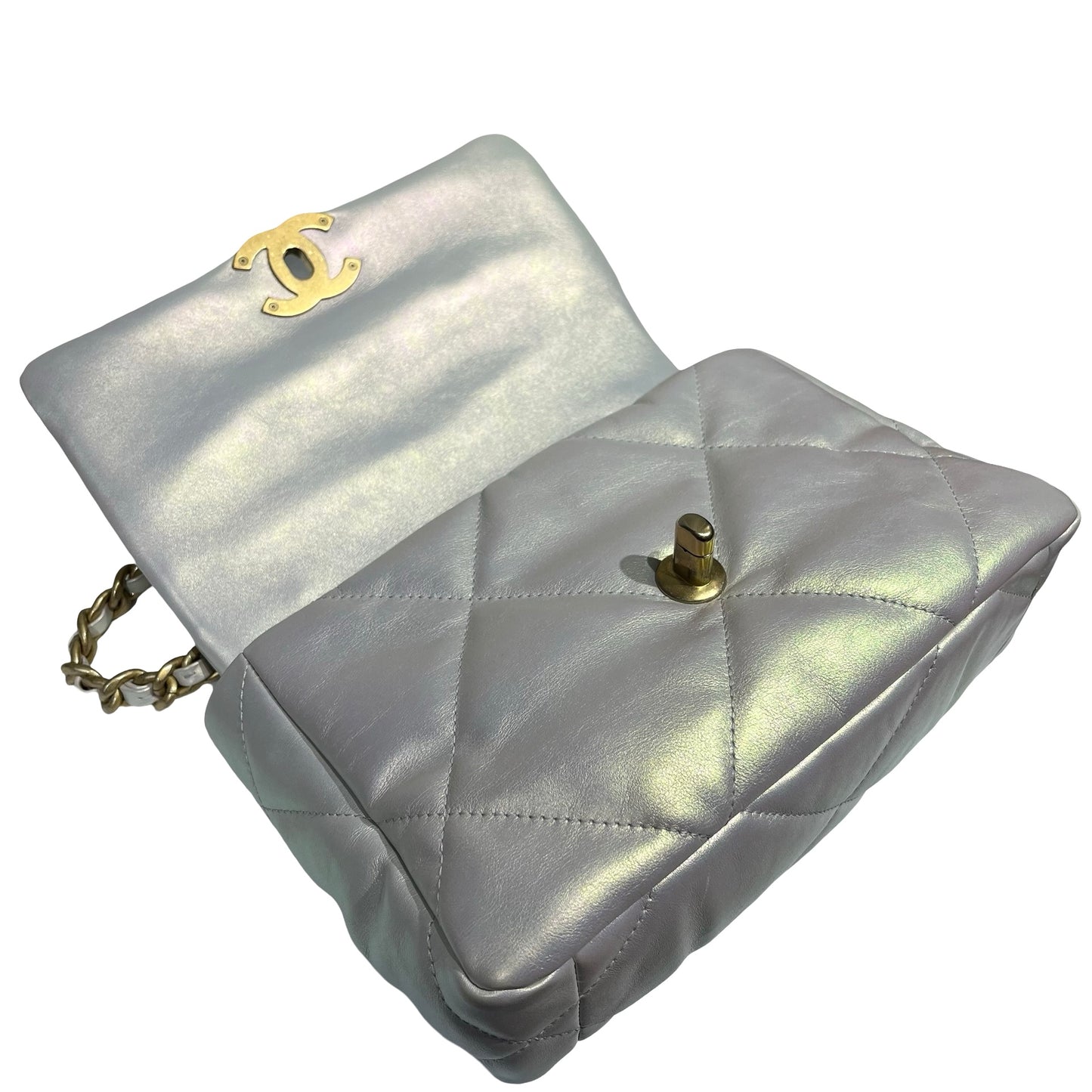 CHANEL 19 SMALL SIZE IRIDESCENT WHITE GHW CHAIN SHOUDLER BAG[3001186]