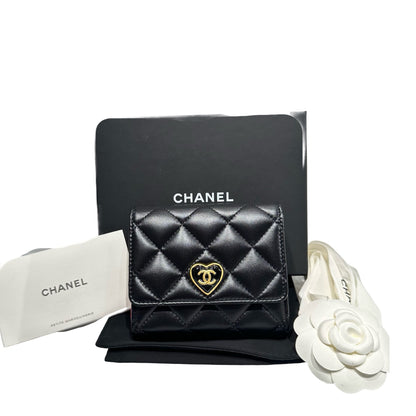 Unused CHANEL Lambskin Leather Wallet Black GHW