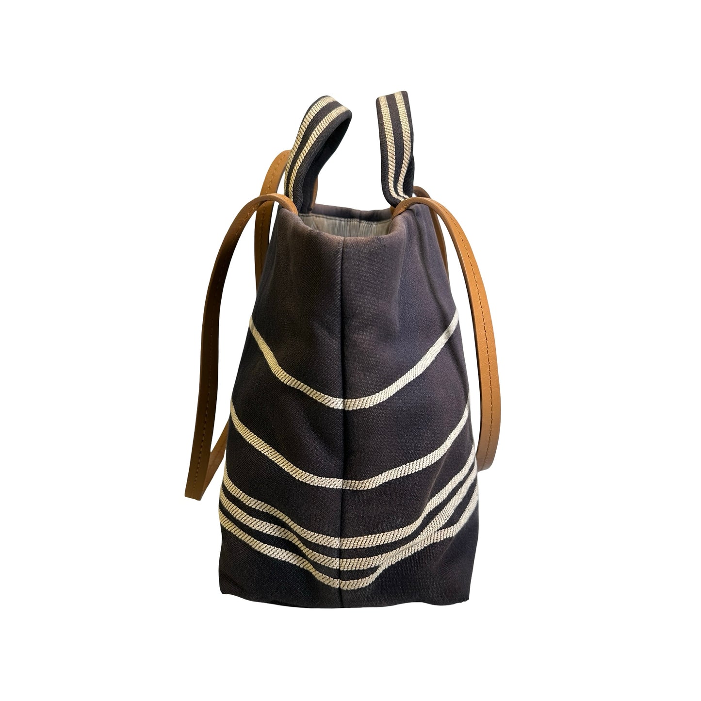Used CHANEL Stripes CC Logo Deauville Tote Bag Navy Blue White Tan