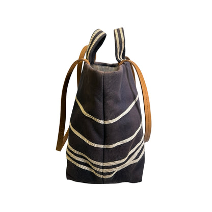 Used CHANEL Stripes CC Logo Deauville Tote Bag Navy Blue White Tan