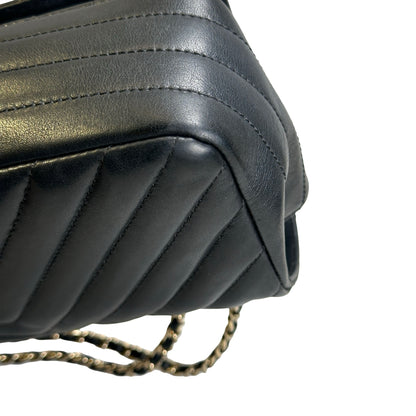 Used CHANEL Chevron Leather Chevron Flap Bag Chain Shoulder Bag Black Gold
