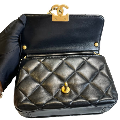 Used CHANEL Quilted Velvet 24A mini pearl logo Flap bag Bucket Bag Black Gold