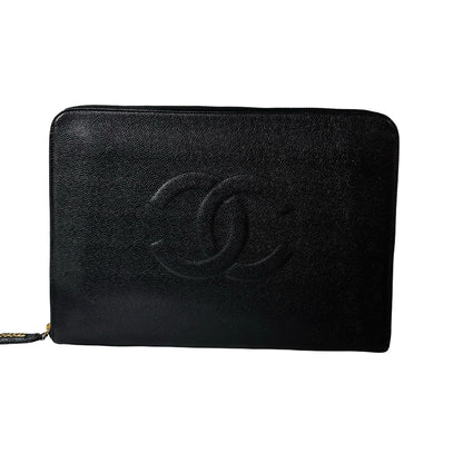 Used Chanel Calfskin Leather Clutch Black GHW