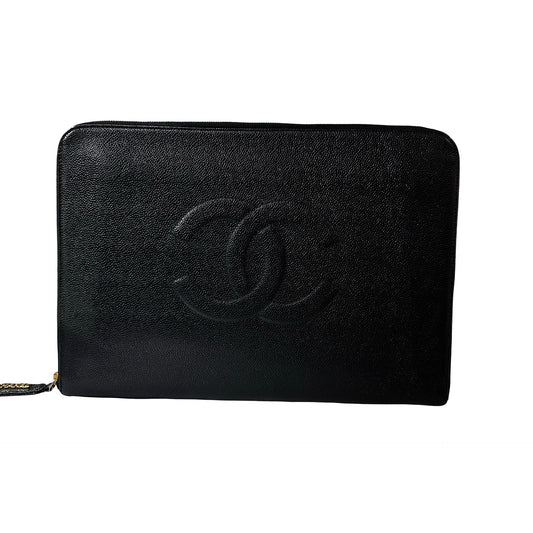 Used Chanel Calfskin Leather Clutch Black GHW