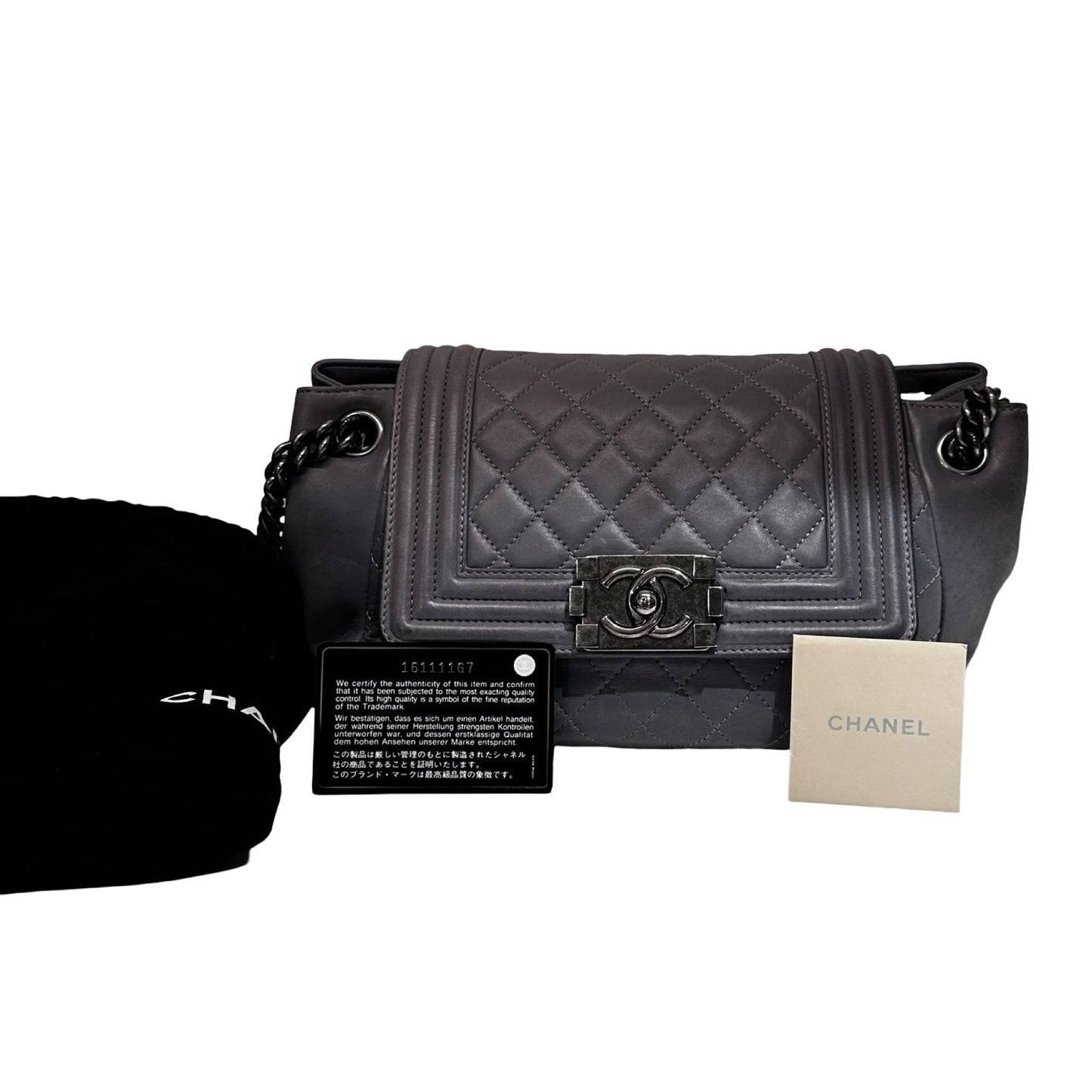 Used CHANEL Boy Shoulder Bag Grey PHW